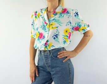 Blusa floral vintage de Gérard Pasquier, años 80 / Camisa oversize con mangas abullonadas / Francia / M