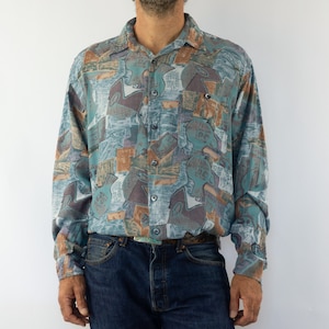 Vintage Men’s Crazy Print Shirt 1980s | Multicolor Abstract Pattern | Fluid Long Sleeves | Retro 90s Look | Bold Pattern | Size M