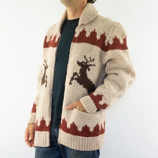 Vintage Deer Cowichan Sweater | 1960s | Wool Knit Cardigan/Jacket | Brown/Cream Wool Knit Zipper | Hand Knitted | Made in USA | Size XL