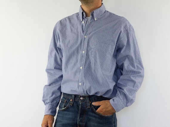 Cacharel, Vintage Cacharel Striped Shirt 1990s | Blue & White Button-Down | Made in France | M/L