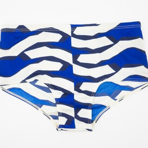 Jil | Vintage 1980s Men&#39;s Swim Brief | Abstract Pattern Swim Trunks | Blue White Black | Shiny Swimwear | Retro | Made in France | NOS | L