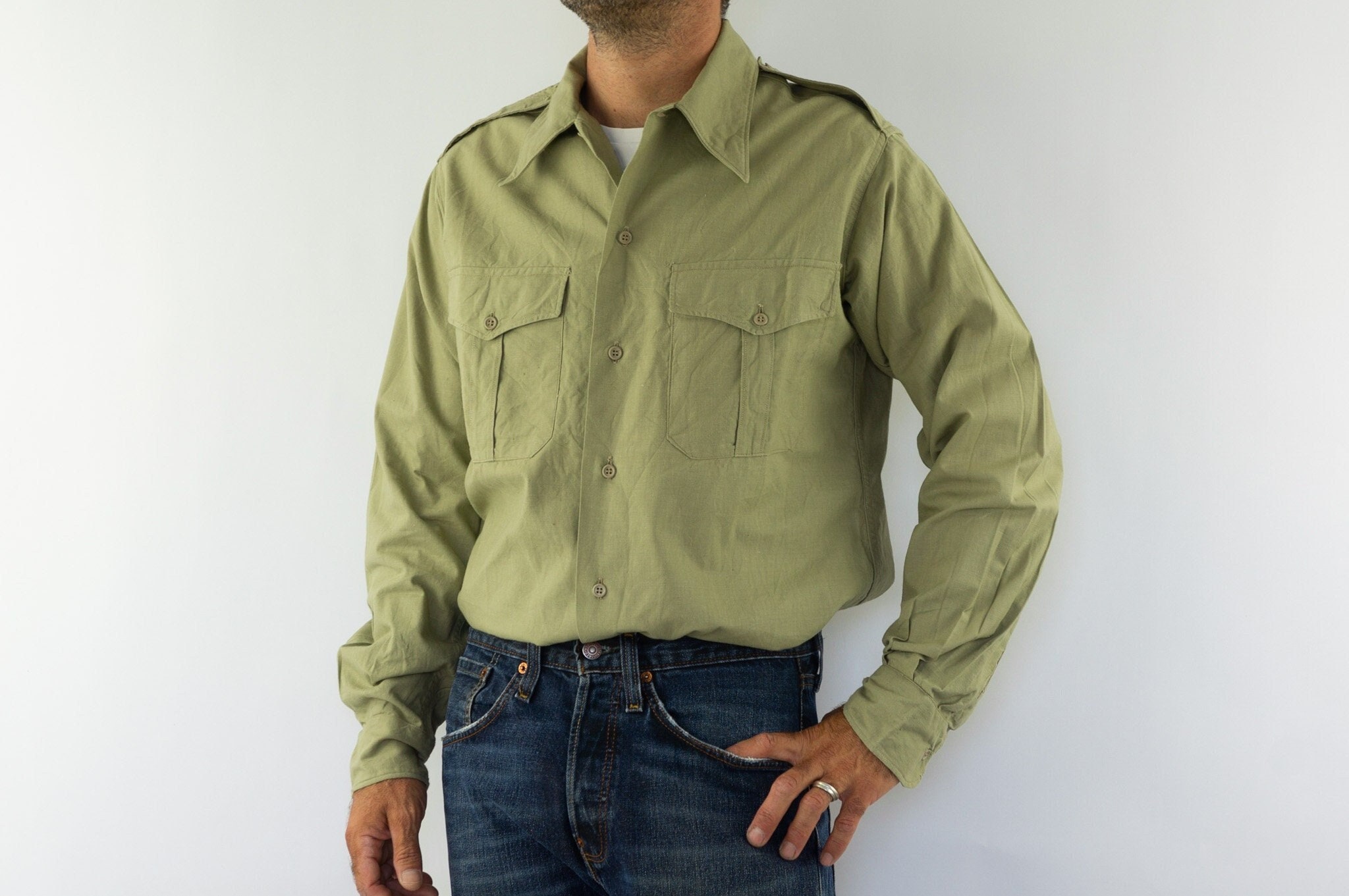 Vintage US Army Military Khaki Quarter Sleeve Shirt, Size