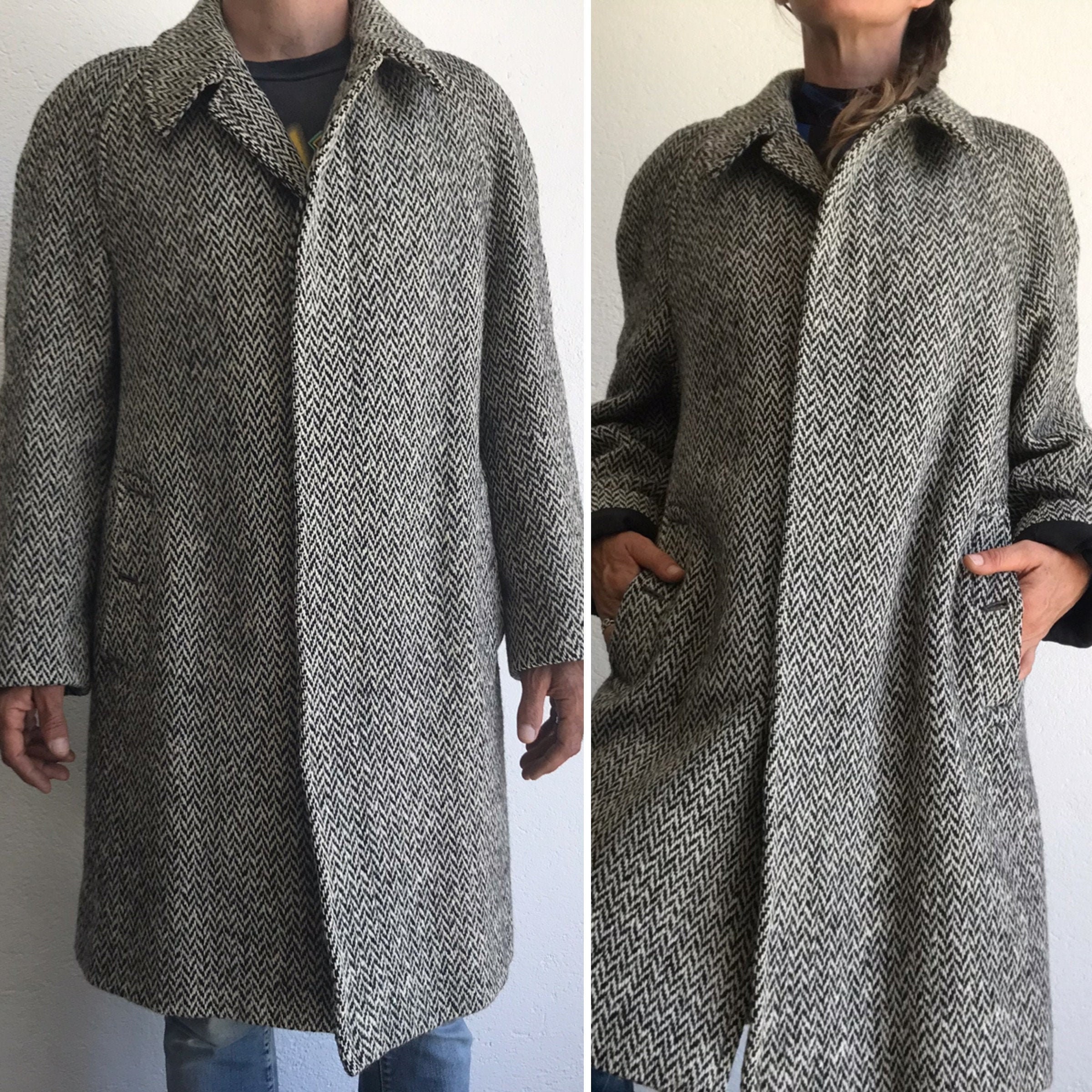 Burberrys | Irish Tweed Coat | 1950s | Vintage Wool Coat with Herringbone  Pattern | Black/White | Mid Century | Made in England | Size Reg40