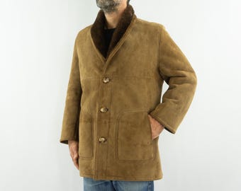 Vintage Shearling Coat Camel Sheepskin 1970s | Dark Brown Fur Lining | Shawl Collar | Size S/M