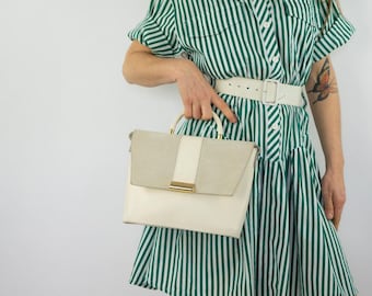 Vintage White Leather Bag 1980s | Suede & Gold Metal | Structured Top Handle | France | M