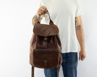 Vintage Leather Backpack | 1980s | Rucksack Bookbag | Brown | Boho Leather Bag | Weekend Travel Daypack | Hippie | Ethnic | School Bag