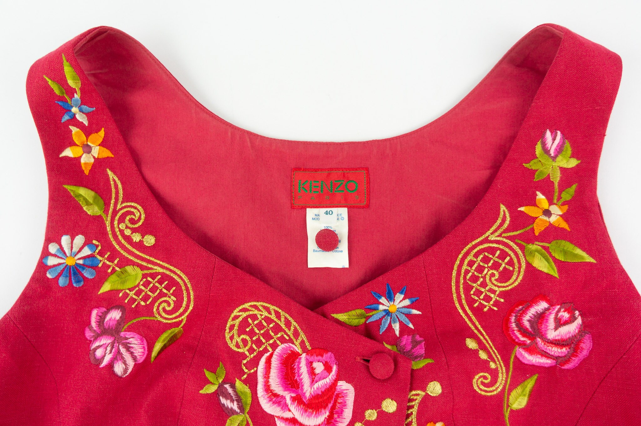 Vintage Kenzo Linen Vest 1980s | Short Red Floral Embroidered