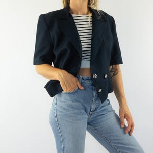 Vintage Spencer Jacket | 1990s | Cropped Blazer | Spencer Women&#39;s Jacket | Double Breasted | Navy Blue | Short Sleeve | Made in France