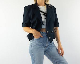 Vintage Spencer Jacke 1990er Jahre | Marine Zweireihiger Blazer | Kurze Ärmel | Frankreich | M