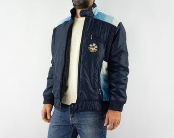 Jaqueta de esqui vintage Moniteur anos 80 | Jaqueta bomber acolchoada azul | Roupa de neve retrô | Tamanho M