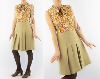 Vintage Mod Dress | 1960s | Beige Floral Dress | Trapeze Dress with Bow Collar | Retro Acrylic Dress | Sleeveless | Made in France | Size L