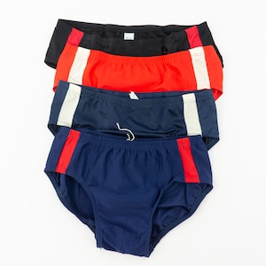 Vintage Men’s Swimwear 1970s | Sporty Swim Brief Navy Red Black | Striped Trunks | Elastic Waist with Lace | Made in Germany | NOS Size S-L
