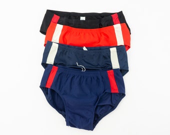 Vintage Men’s Swimwear 1970s | Sporty Swim Brief Navy Red Black | Striped Trunks | Elastic Waist with Lace | Made in Germany | NOS Size S-L