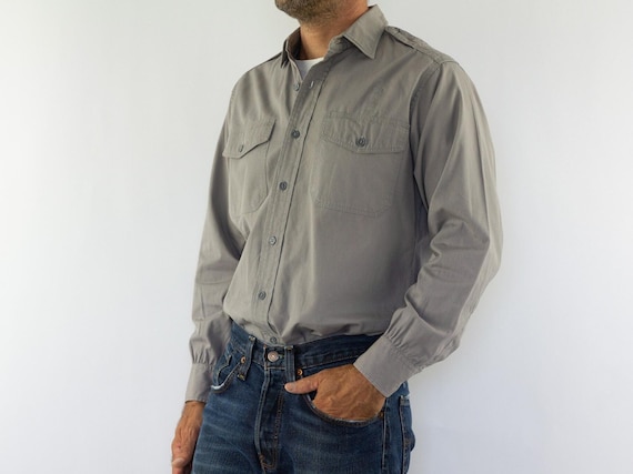 Vintage Elbeco Work Shirt 1950s | Light Grey Poplin | Military