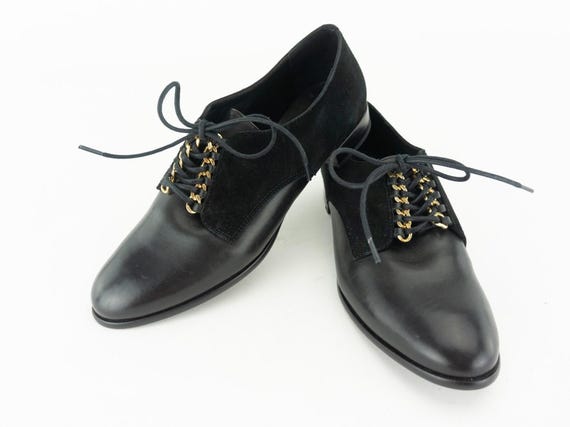 Vintage Black Leather Derby Shoes | Lace Up Gold Chain Detail  France | EU38 US6.5