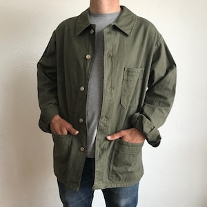 Vintage French Work Jacket 1960s | Khaki Herringbone Chore Coat