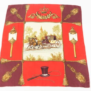 Vintage Silk Scarf | 1970s | Square Scarf with Equestrian Pattern | Red/Gold Baroque | Horse-Drawn Carriage /Country Side |
