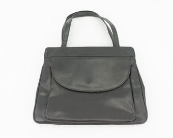 Bolso vintage de los años 60 / Bolso trapecio de piel gris / Bolsillo con solapa / Asas dobles / Francia