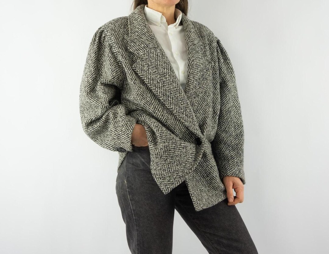 Vintage Charcoal Wool Herringbone Coat