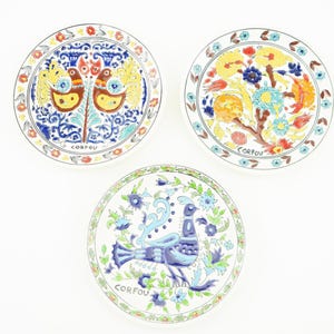 Vintage Corfu Ceramic Wall Plates 1970s | Hand Made Pottery | Enamelled Floral Bird Decor | Greece