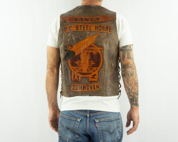Vintage Leather Biker Vest 1990s | Brown Lace Up, Motorcycle Patch Back | M