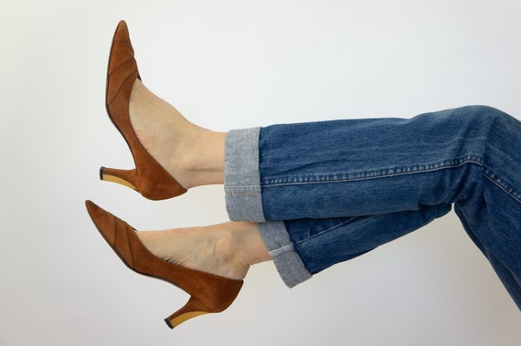 Charles Jourdan Vintage Suede Pumps 1980s Tan Leather High Heels