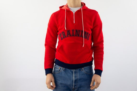 Training Vintage Hoodie 1970s | Red Track Sweater Blue Velvet Logo | France | S