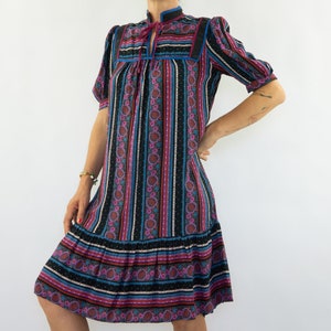 Vintage Hippie Dress 1970s | French Prairie Cotton Dress Black Pink | Floral Stripe Boho Indian Style | Made in France | Size XS/S