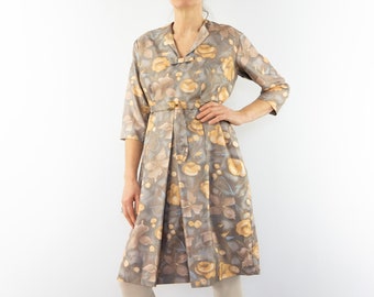 Vintage Dress 1960s | Shiny Gray Yellow Floral Dress | Half Sleeves | Summer | Mod | France | M