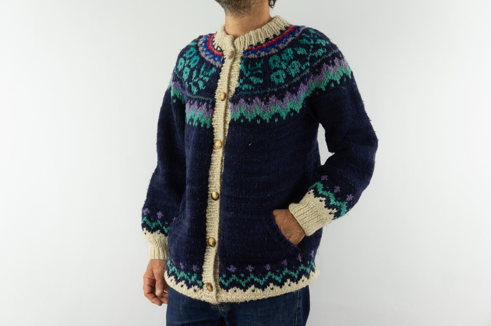 Vintage Icelandic Style Cardigan 1980s Blue / Cream Jacquard