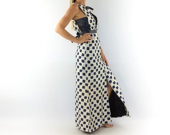 Vintage Courrèges Maxiklänning 1980-tal | Läderdetalj med geometriskt tryck | Haute Couture | Retro | Frankrike
