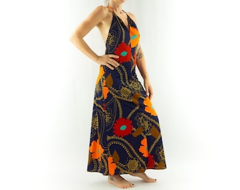 Vintage Floral Maxi Dress 1970s | Psychedelic Print, Halter Neck, Backless | Boho | M