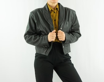 Vintage Black Leather Jacket 1980s | Cropped Fitted Cut, Shawl Collar | M