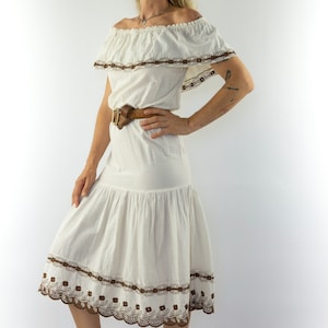 Vintage Ruffle Dress | 1970s | Floral Embroidery Dress | Ivory | Gauze | Sleeveless | Bohemian/Hippie | Peasant Dress | Made in France