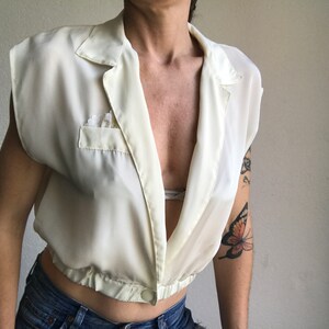 Short Vintage Top 1980s Shiny Ivory Blouse Crossed Blouse Sleeveless French Vintage Crop Top Made in France Size S image 1