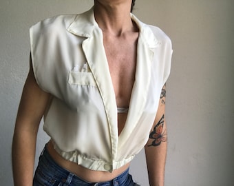 Short Vintage Top 1980s | Shiny Ivory Sleeveless Blouse | Crossed Wrap Crop Summer | France | S