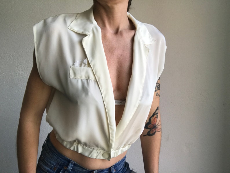 Short Vintage Top 1980s Shiny Ivory Blouse Crossed Blouse Sleeveless French Vintage Crop Top Made in France Size S image 1