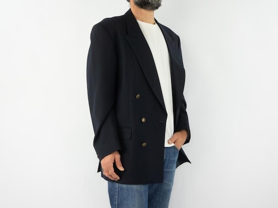 Vintage Yves Saint Laurent Blazer 1980s |  Double-Breasted Navy Wool Jacket Gold Buttons | France | L
