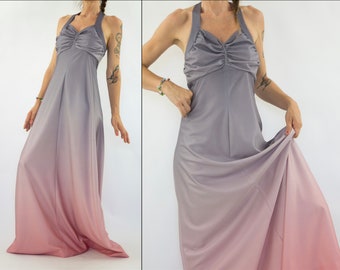 Vintage Evening Dress | 1970s | Maxi Summer Dress | Neckholder/Backless | Pink/Gray | Summer Party Dress | Made in France | Size M