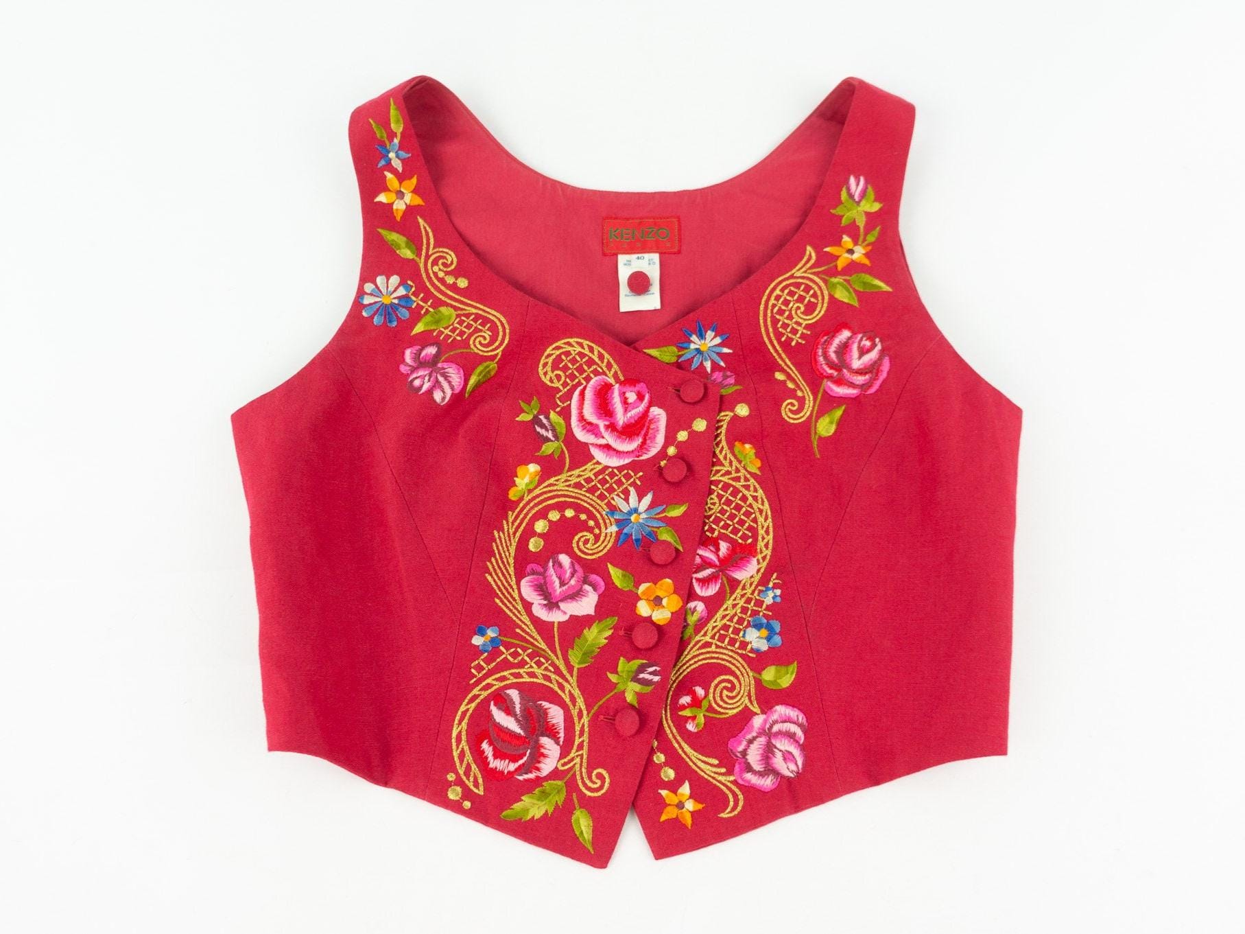 Vintage Kenzo Linen Vest 1980s | Short Red Floral Embroidered