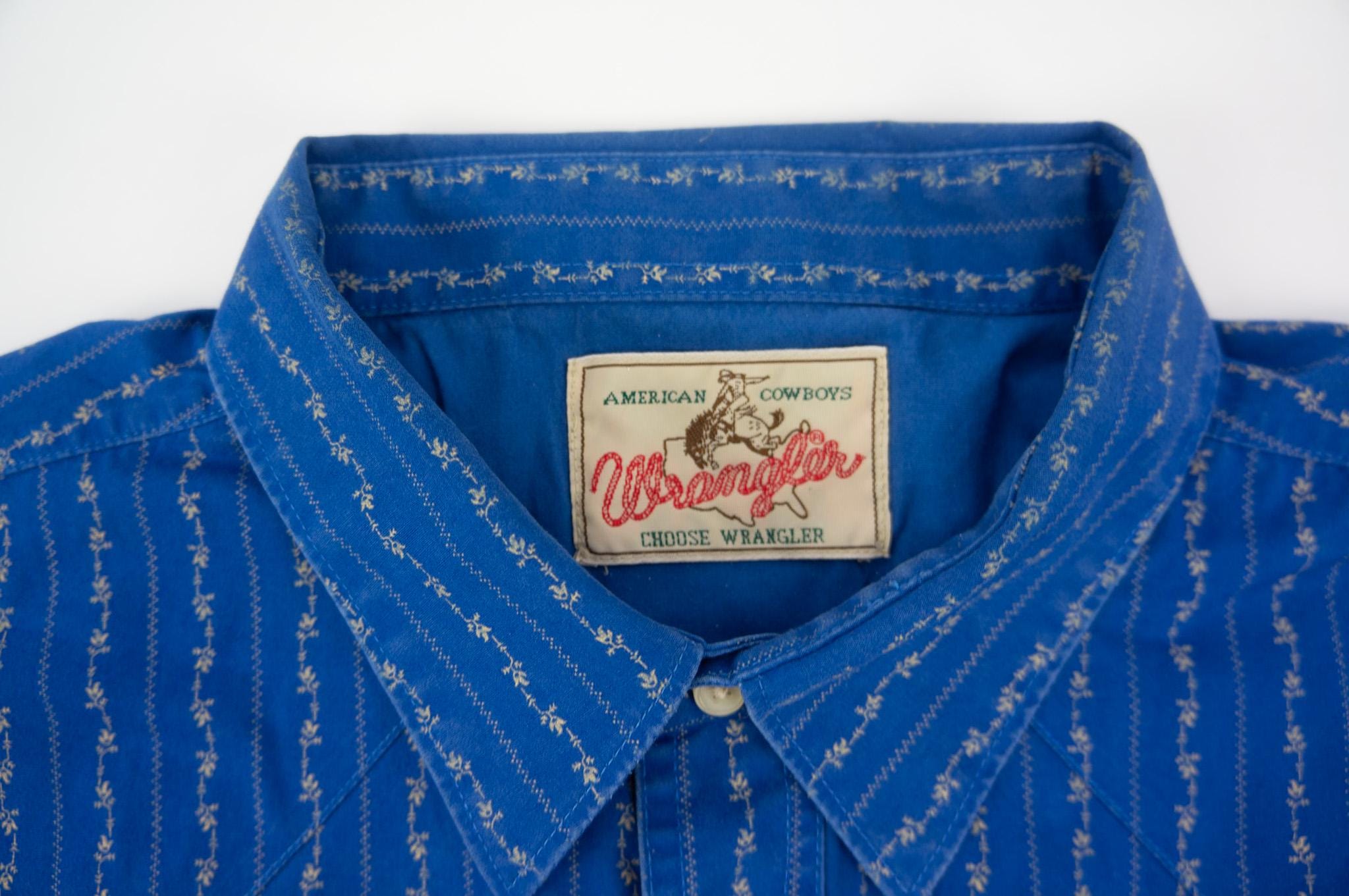 Wrangler Vintage Cowboy Shirt 1980s | Blue Floral Stripe Pattern 