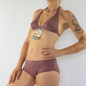 Vintage Bikini 1970s | Rosy Mauve Mod Swimsuit | Triangle Top and High Waist Brief | 2 Piece Retro Swimwear | Made in Spain | NOS | Size XS
