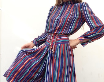 Louis Féraud | Vintage Silk Skirt Set | 1980s | Striped Multicolor Set with Belt | Blouse/Skort | 2 Pieces Set | High Waist | Size S