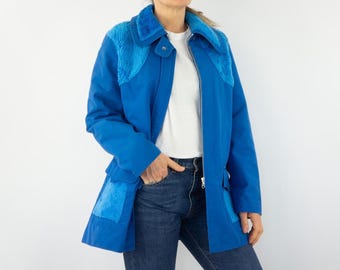 Jaqueta de esqui vintage dos anos 70 | Casaco puffer acolchoado azul com gola de pele | Anoraque de neve retrô | Tamanho G