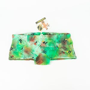 Loremar - Biflex | Vintage Men&#39;s Swimwear | 1970s | Swim Brief with Abstract Pattern | Square Leg | Green Swim Trunks | Made in Spain | NOS