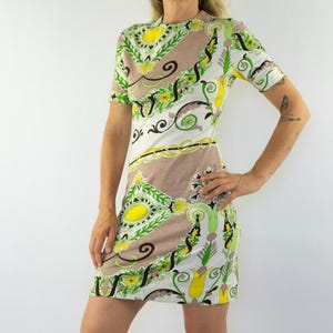 Vintage A-line Dress 1970s | Mini Floral Shirt Dress in Leonard Style | Short Sleeve Acrylic Knit Retro Mod Dress | NOS | Made in Spain | S