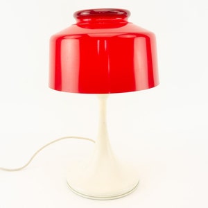 Metalarte | 1970s Vintage Mushroom Lamp | White Metal & Red Plastic | Space Age Table Lamp | Mid-Century Desk Light | Made in Spain