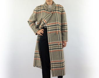 Vintage Courreges Wool Maxi Coat 1980s | Prince of Wales Check, Double-Breasted | France | M