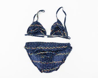 Vintage Bikini 1980s | Blue Floral Swimsuit | Triangle Bikini | Retro Swimwear | NOS | Spain | M/L
