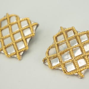 Yves Saint Laurent Vintage Clip-On Earrings 1980s | Square Shape | Silver Gold Plated Metal | YSL Couture Costume Jewelry | Made in France